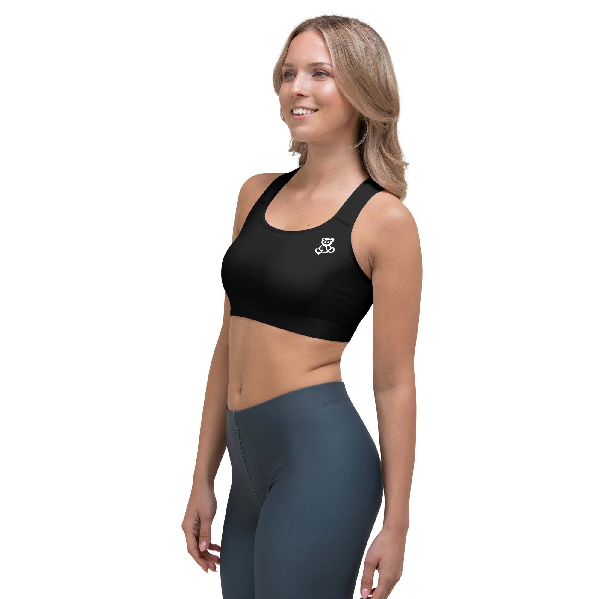 Black Bear sports bra with scoop neckline and racerback design.